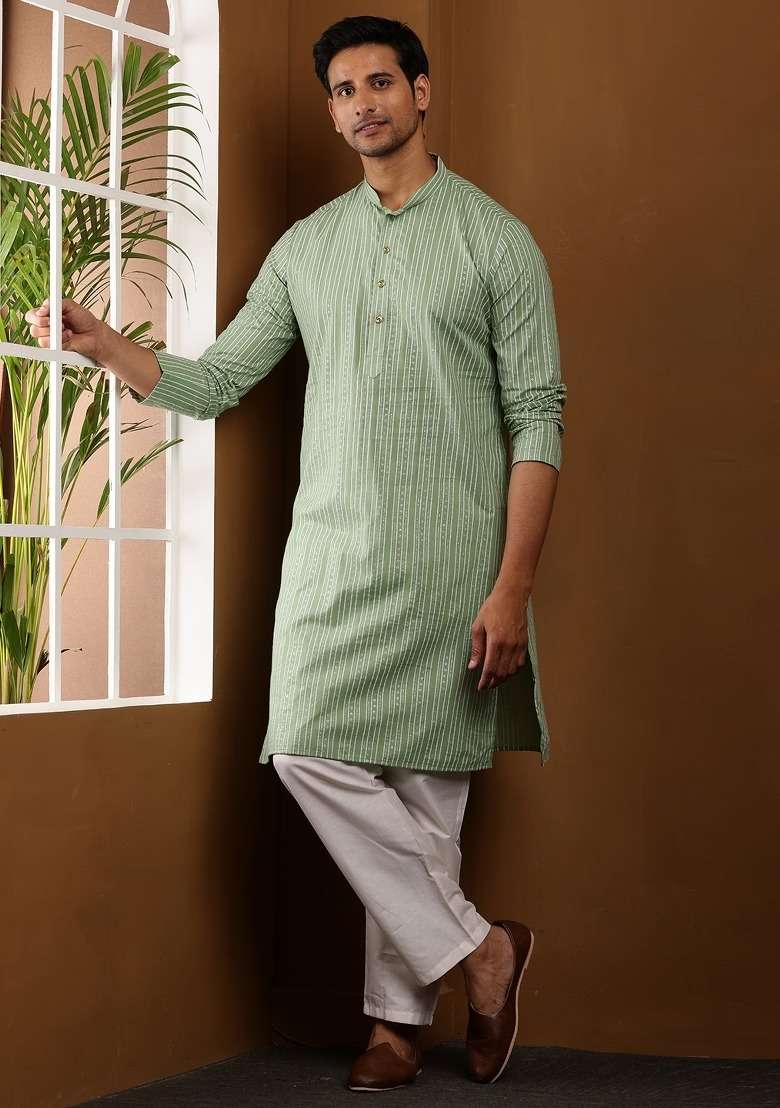 Light Green Printed Viscose Kurta For Men - Indya