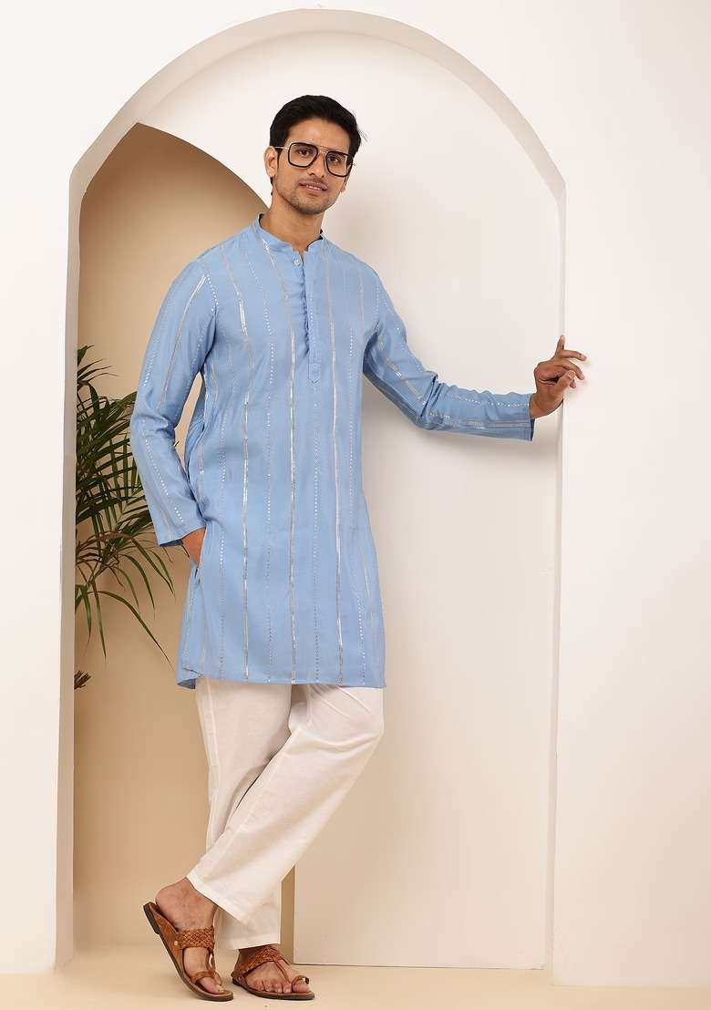 Sky Blue Printed Viscose Kurta For Men - Indya