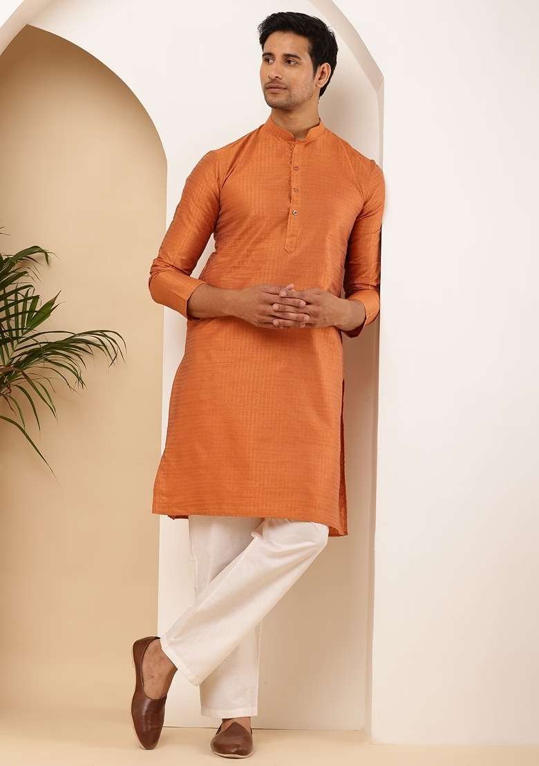 Rust Orange Embroidered Viscose Kurta For Men - Indya
