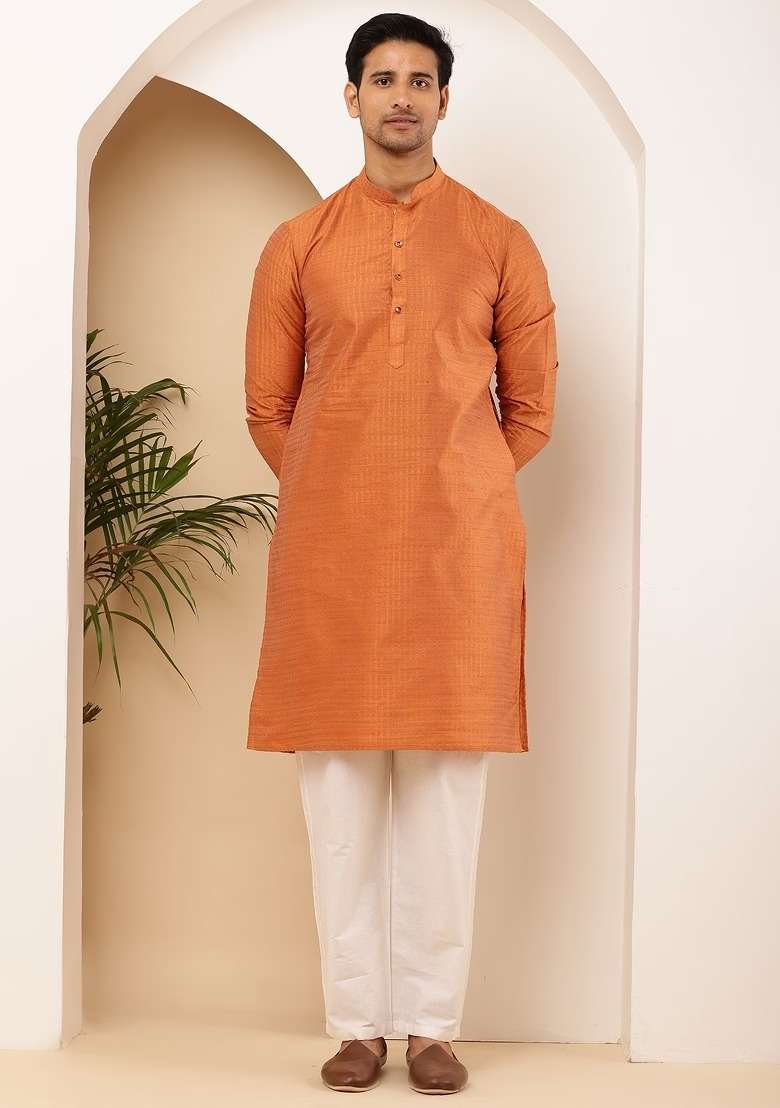 Rust Orange Embroidered Viscose Kurta For Men - Indya