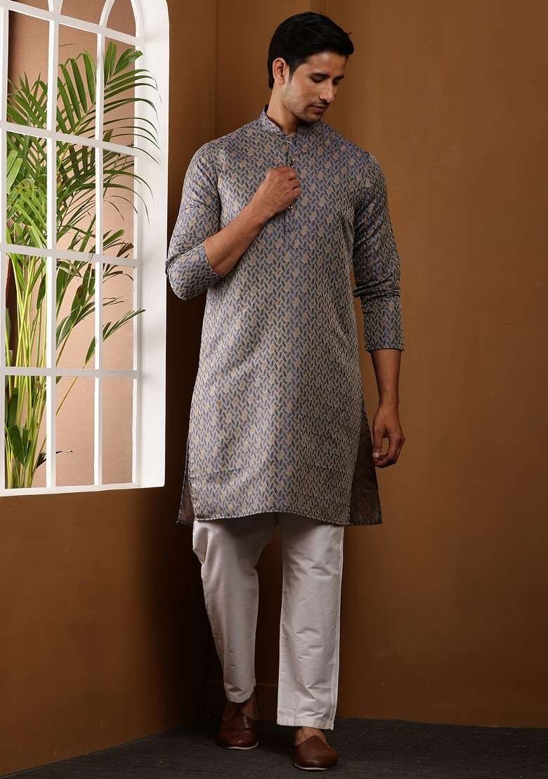 Dark Grey Printed Viscose Kurta For Men - Indya