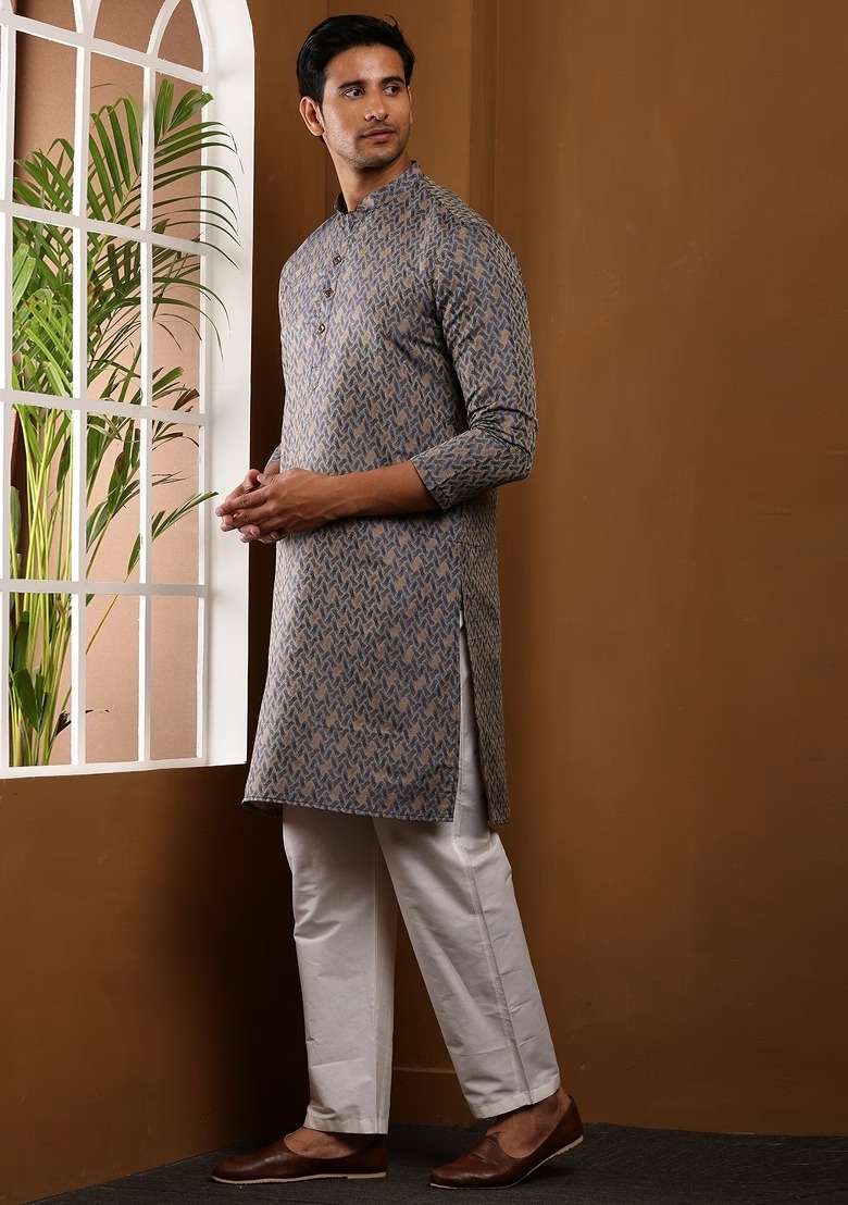 Dark Grey Printed Viscose Kurta For Men - Indya