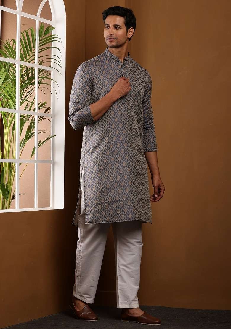 Dark Grey Printed Viscose Kurta For Men - Indya
