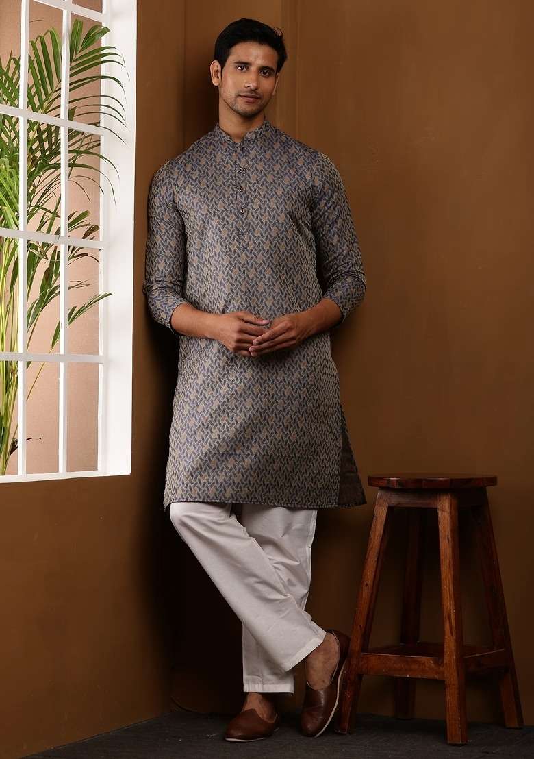 Dark Grey Printed Viscose Kurta For Men - Indya