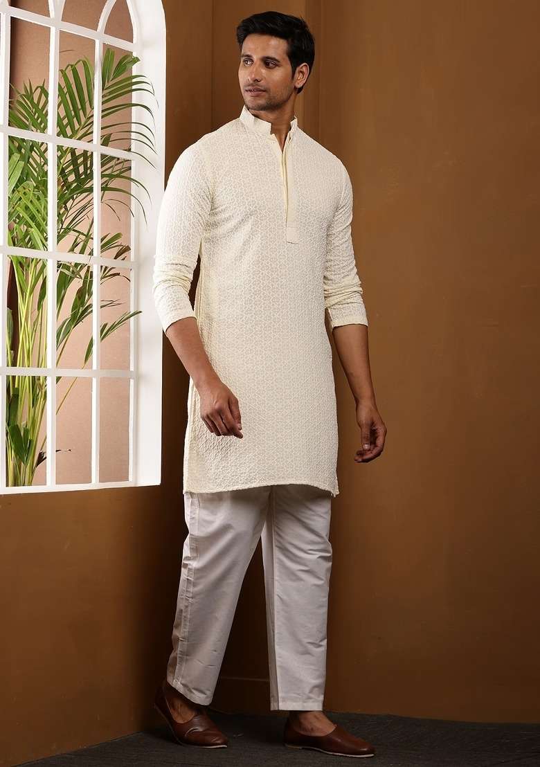 Ivory Embroidered Viscose Kurta For Men - Indya