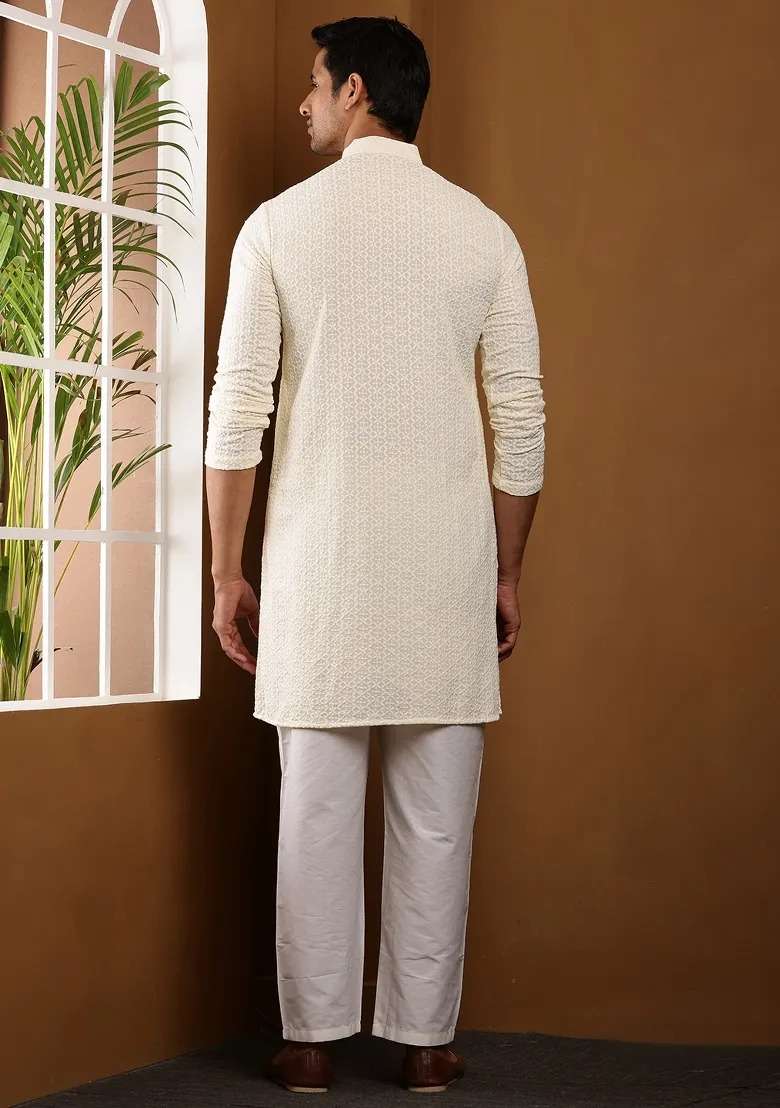 Ivory Embroidered Viscose Kurta For Men - Indya