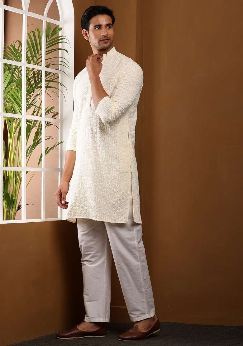 Ivory Embroidered Viscose Kurta For Men - Indya