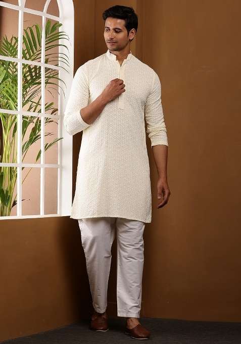 Ivory Embroidered Viscose Kurta For Men