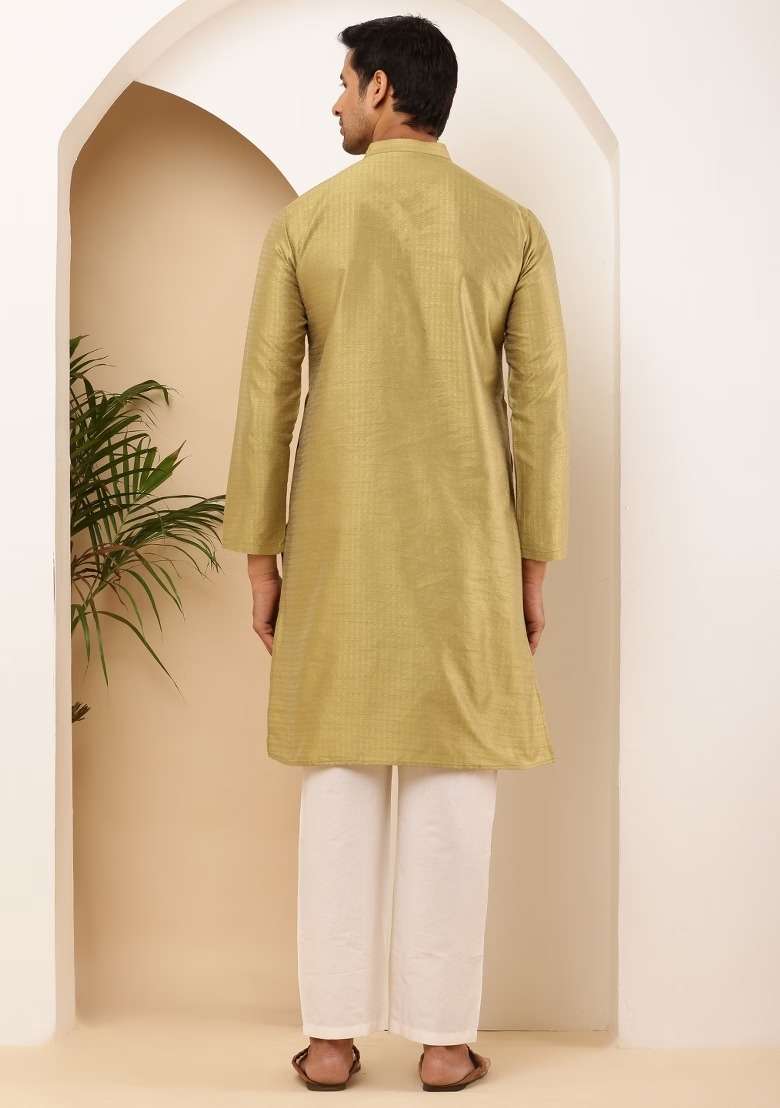 Light Olive Embroidered Viscose Kurta For Men - Indya
