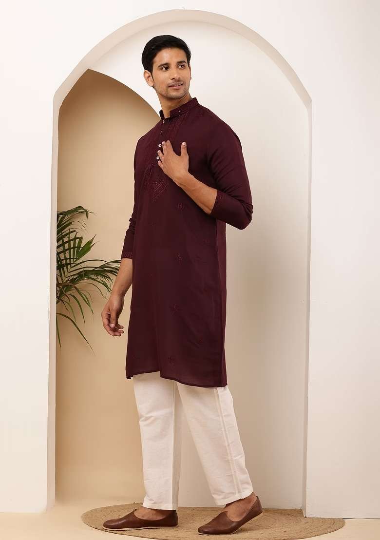 Wine Red Embroidered Viscose Kurta For Men - Indya