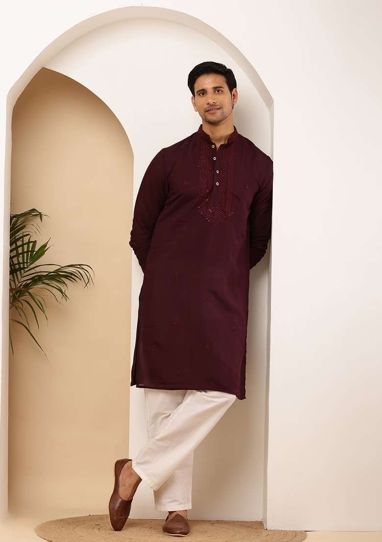 Wine Red Embroidered Viscose Kurta For Men - Indya