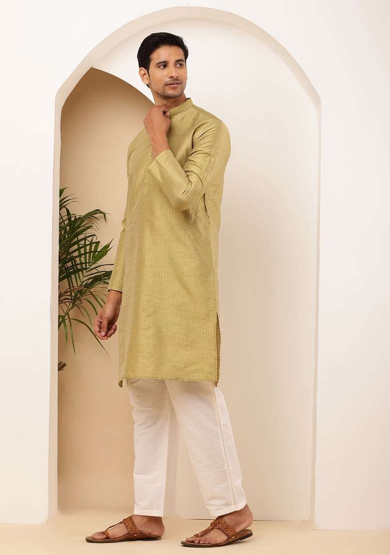 Green Embroidered Cotton Kurta For Men - Indya