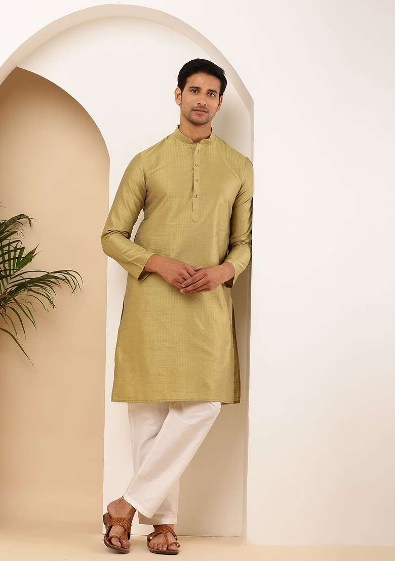 Green Embroidered Cotton Kurta For Men - Indya