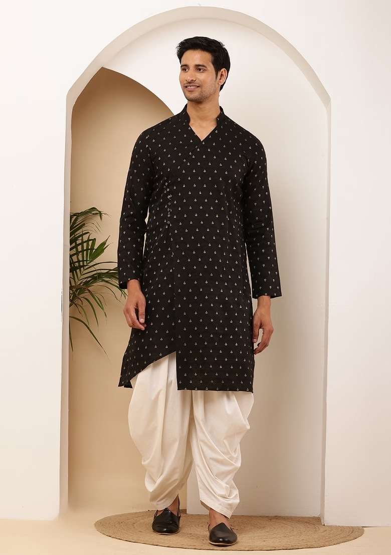 Black Printed Cotton Kurta For Men - Indya