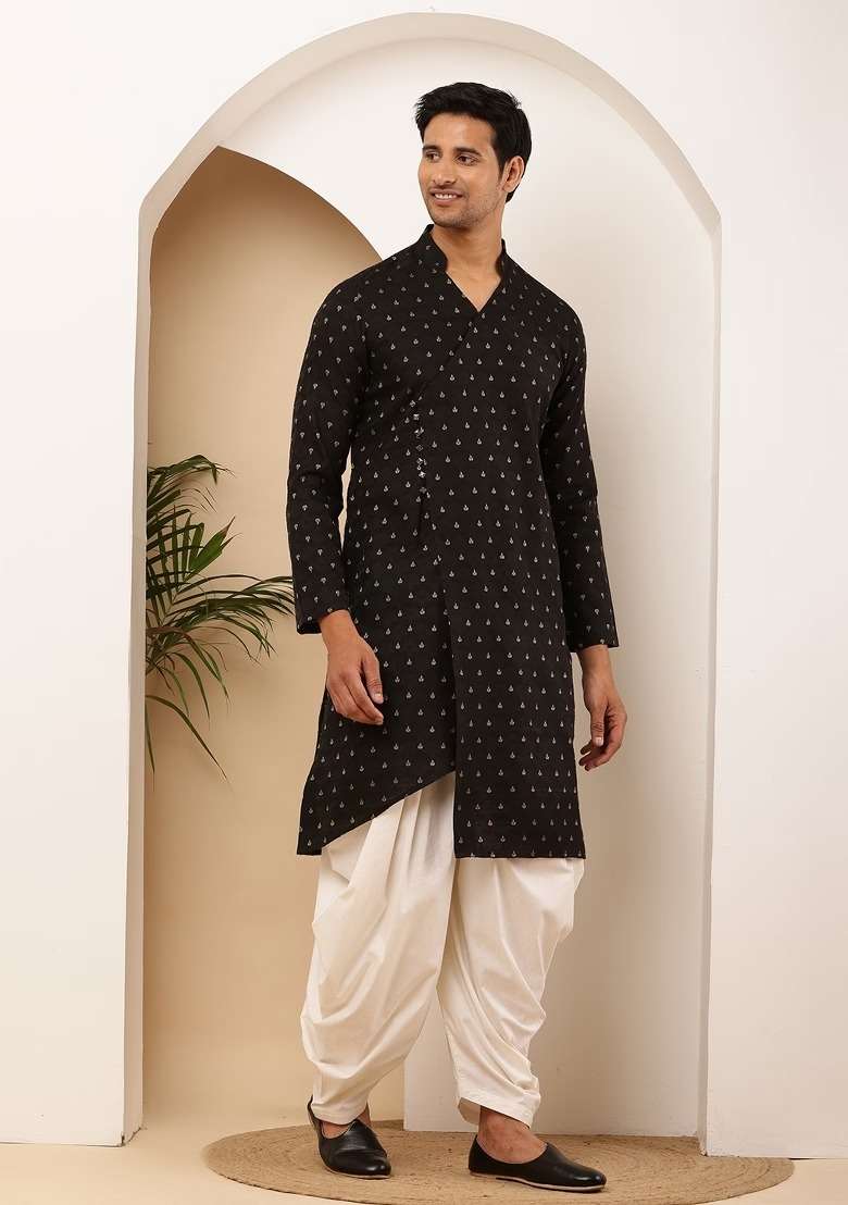 Black Printed Cotton Kurta For Men - Indya