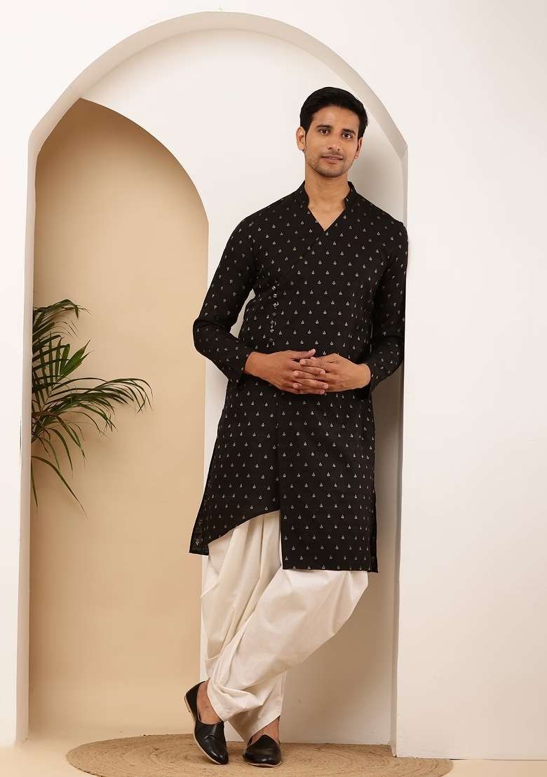 Black Printed Cotton Kurta For Men - Indya