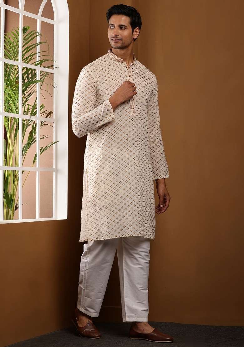 Almond Embroidered Viscose Kurta For Men - Indya