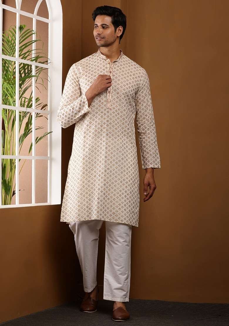Almond Embroidered Viscose Kurta For Men - Indya
