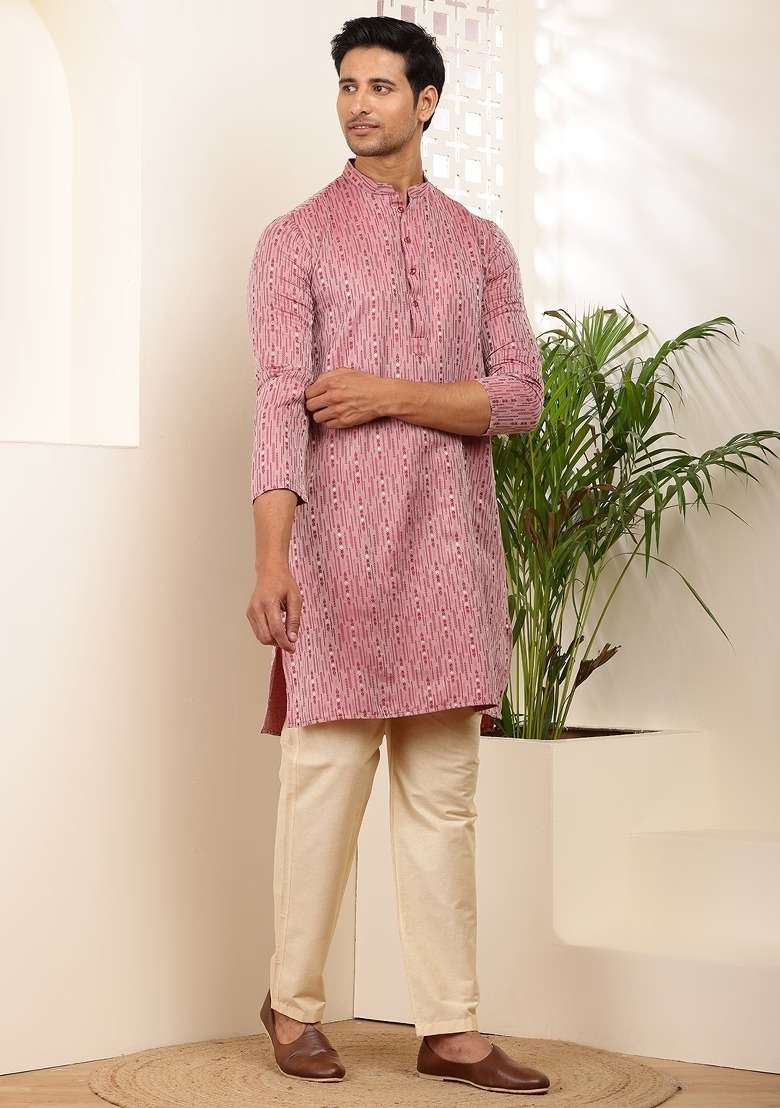 Pink Printed Viscose Kurta For Men - Indya