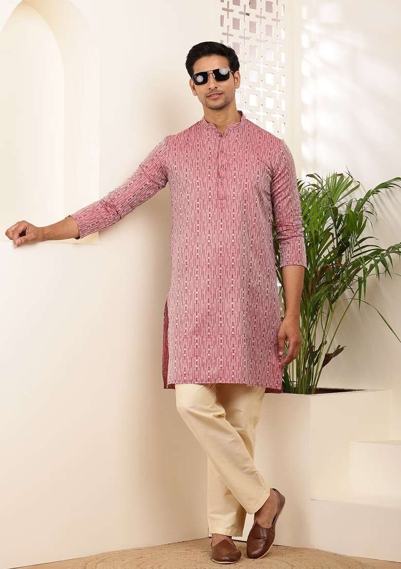 Pink Printed Viscose Kurta For Men - Indya