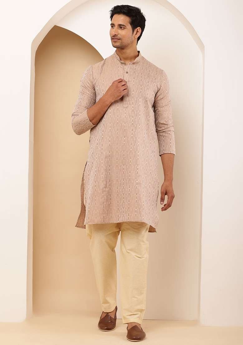 Light Peach Embroidered Cotton Kurta For Men - Indya