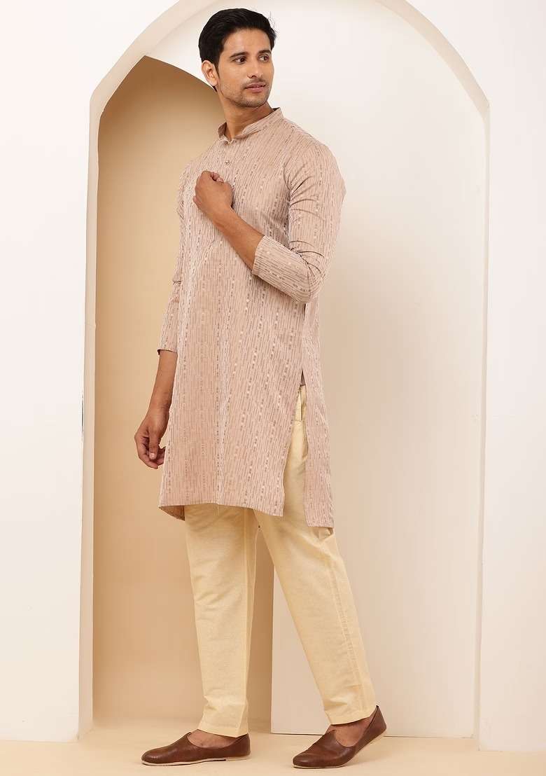 Light Peach Embroidered Cotton Kurta For Men - Indya