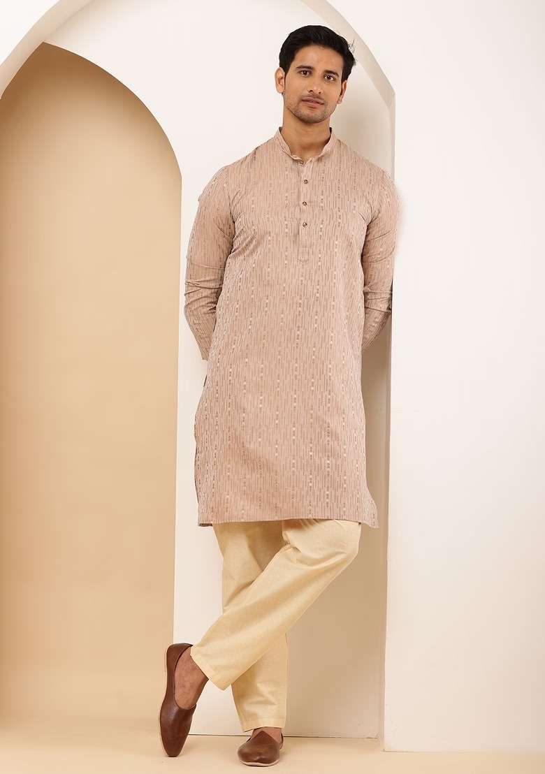 Light Peach Embroidered Cotton Kurta For Men - Indya