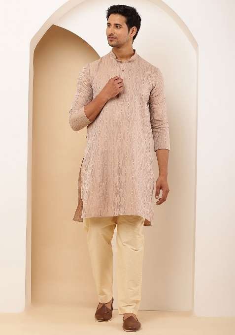 Light Peach Embroidered Cotton Kurta For Men