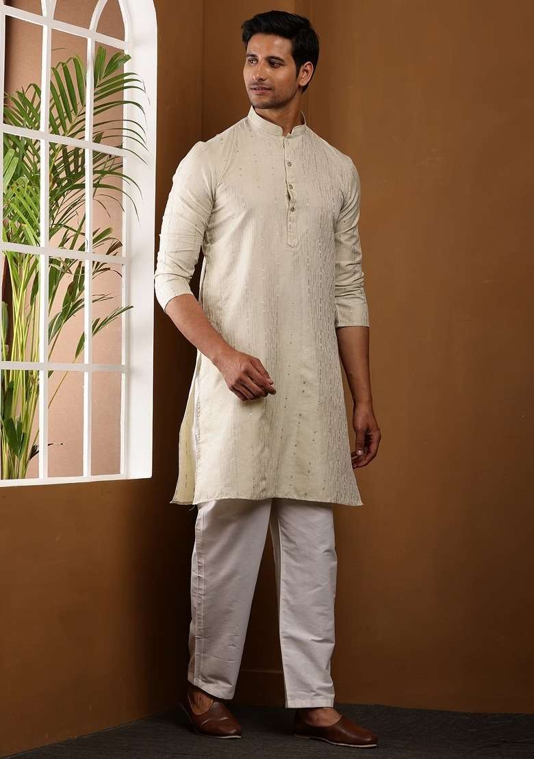 Taupe Embroidered Cotton Kurta For Men - Indya