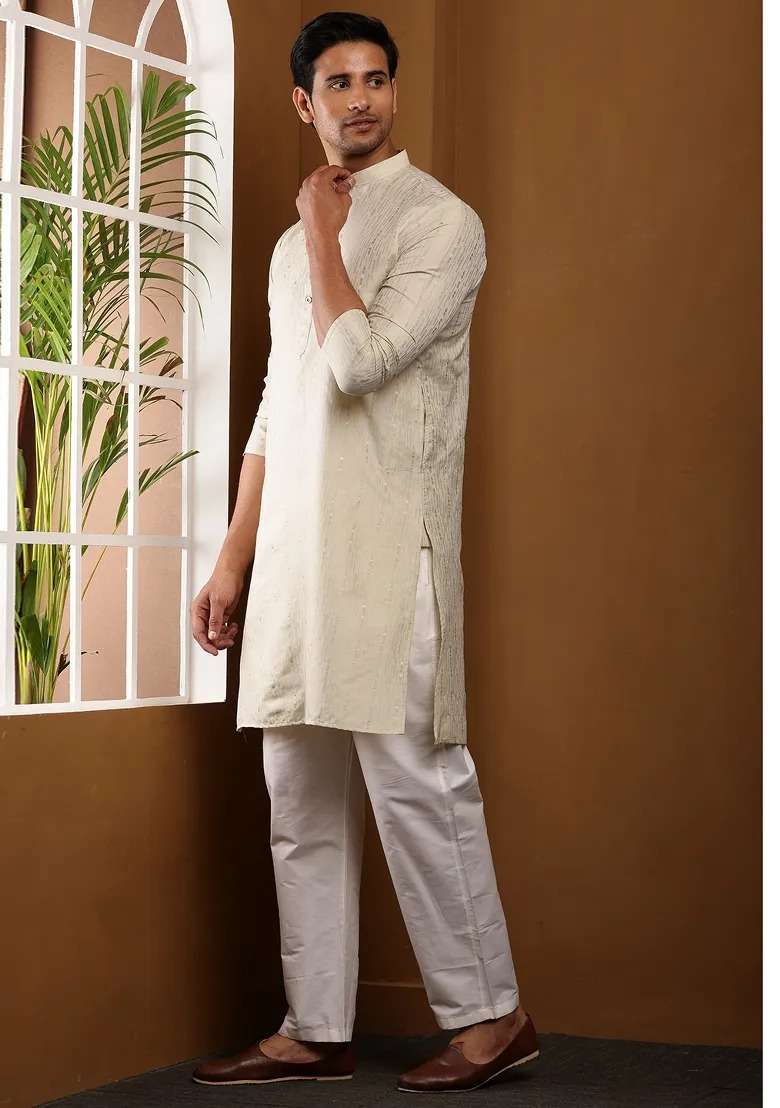 Taupe Embroidered Cotton Kurta For Men - Indya