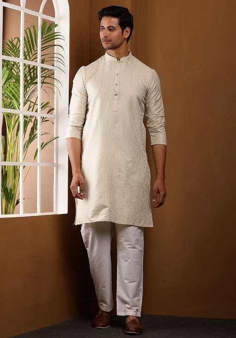 Taupe Embroidered Cotton Kurta For Men
