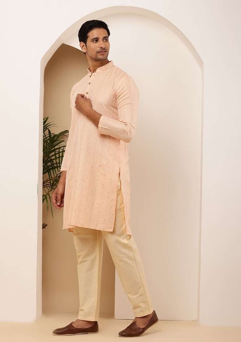 Coral Peach Embroidered Viscose Kurta For Men - Indya