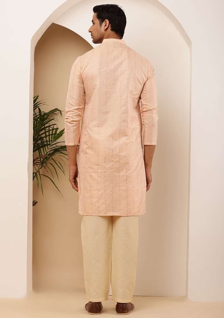 Coral Peach Embroidered Viscose Kurta For Men - Indya