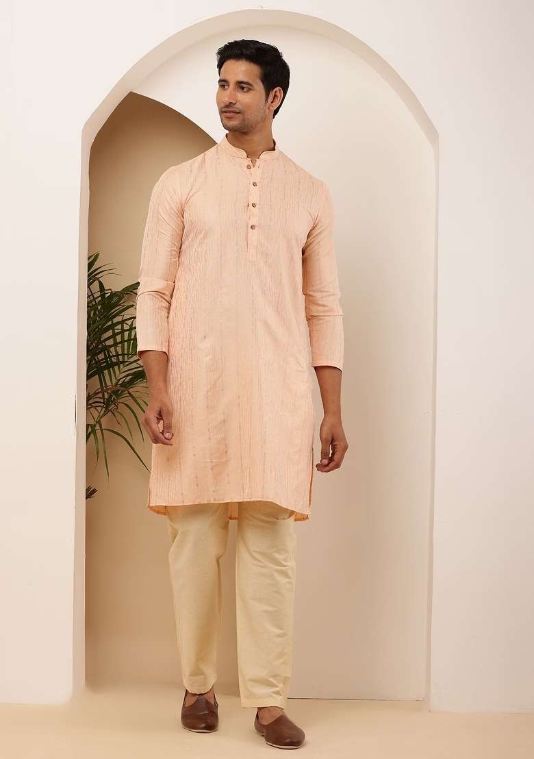 Coral Peach Embroidered Viscose Kurta For Men - Indya