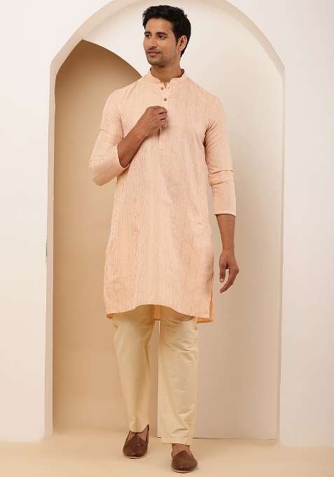 Coral Peach Embroidered Viscose Kurta For Men