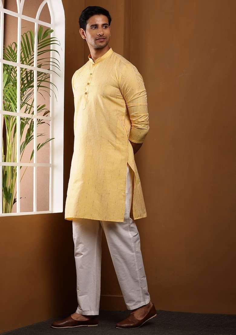 Spring Mustard Embroidered Viscose Kurta For Men - Indya