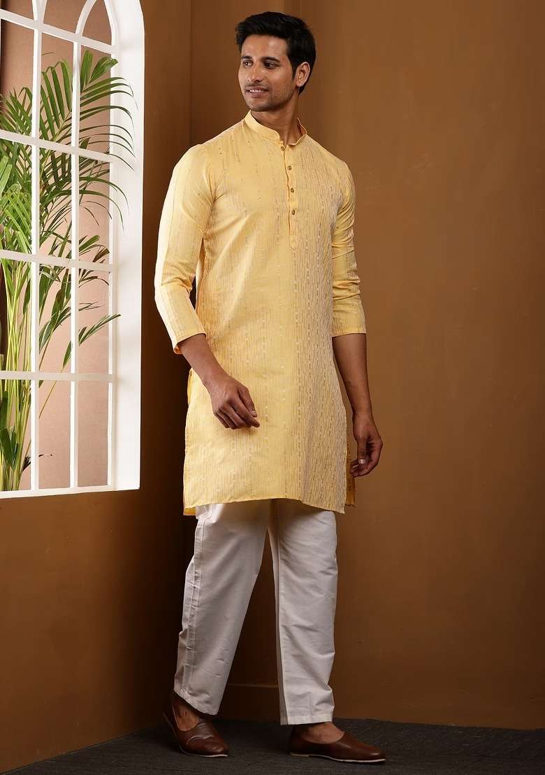 Spring Mustard Embroidered Viscose Kurta For Men - Indya