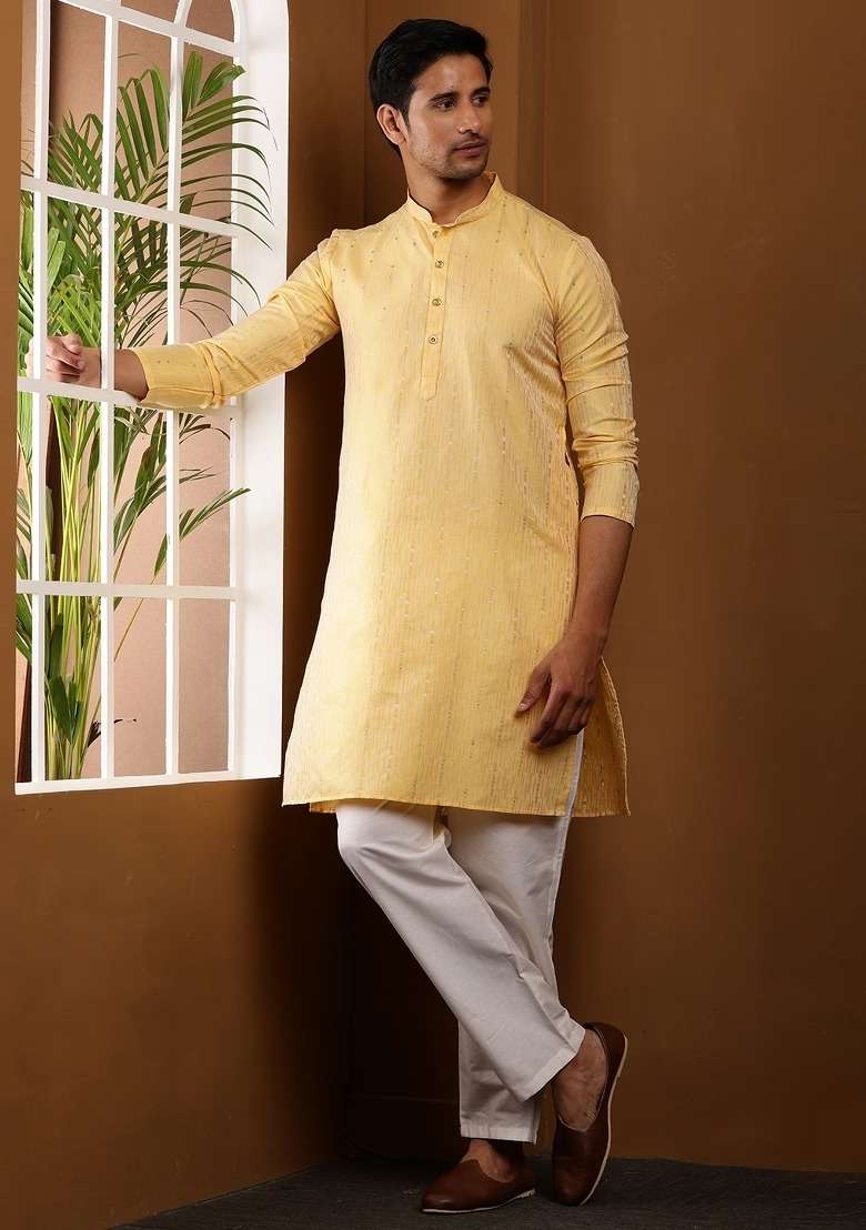 Spring Mustard Embroidered Viscose Kurta For Men - Indya