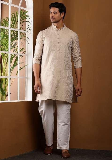 Cream Beige Embroidered Viscose Kurta For Men