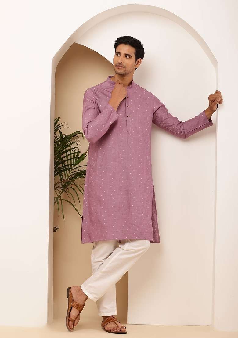 Magenta Embroidered Viscose Kurta For Men - Indya