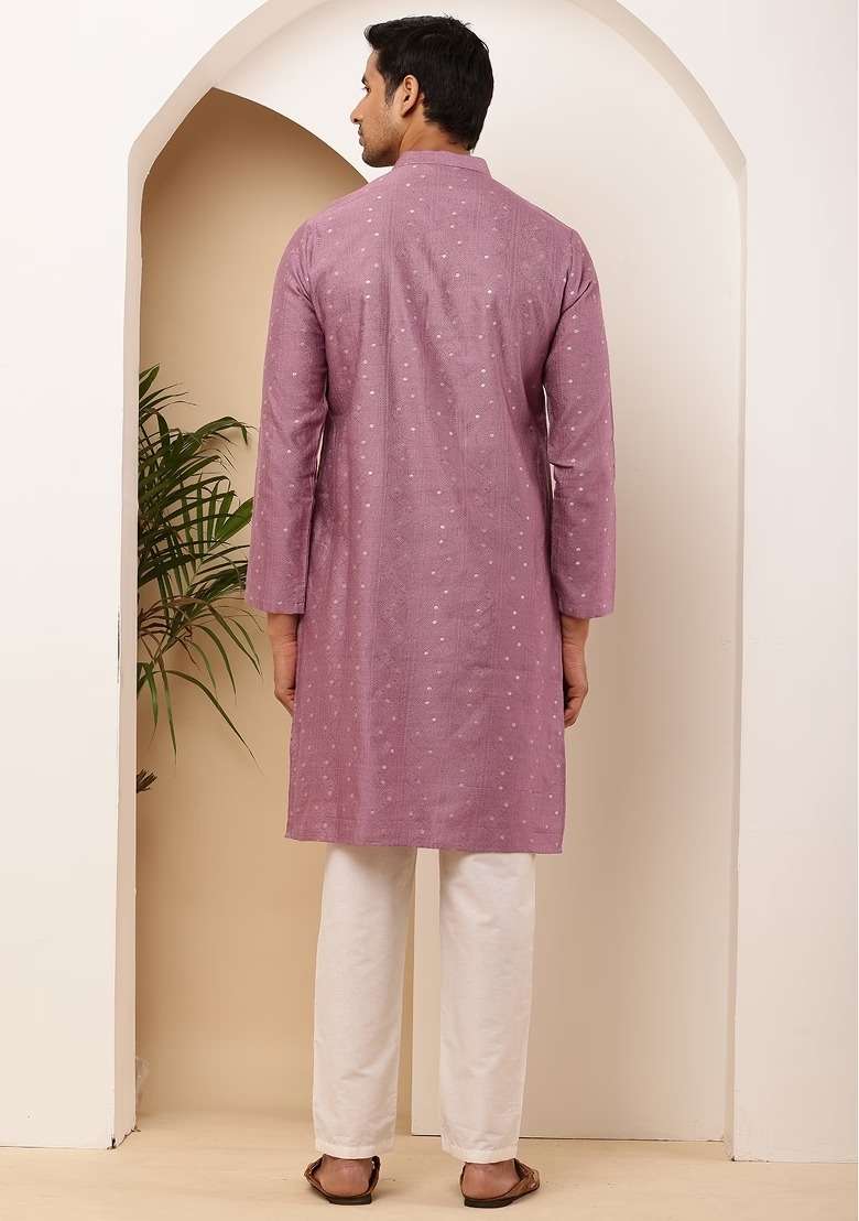 Magenta Embroidered Viscose Kurta For Men - Indya
