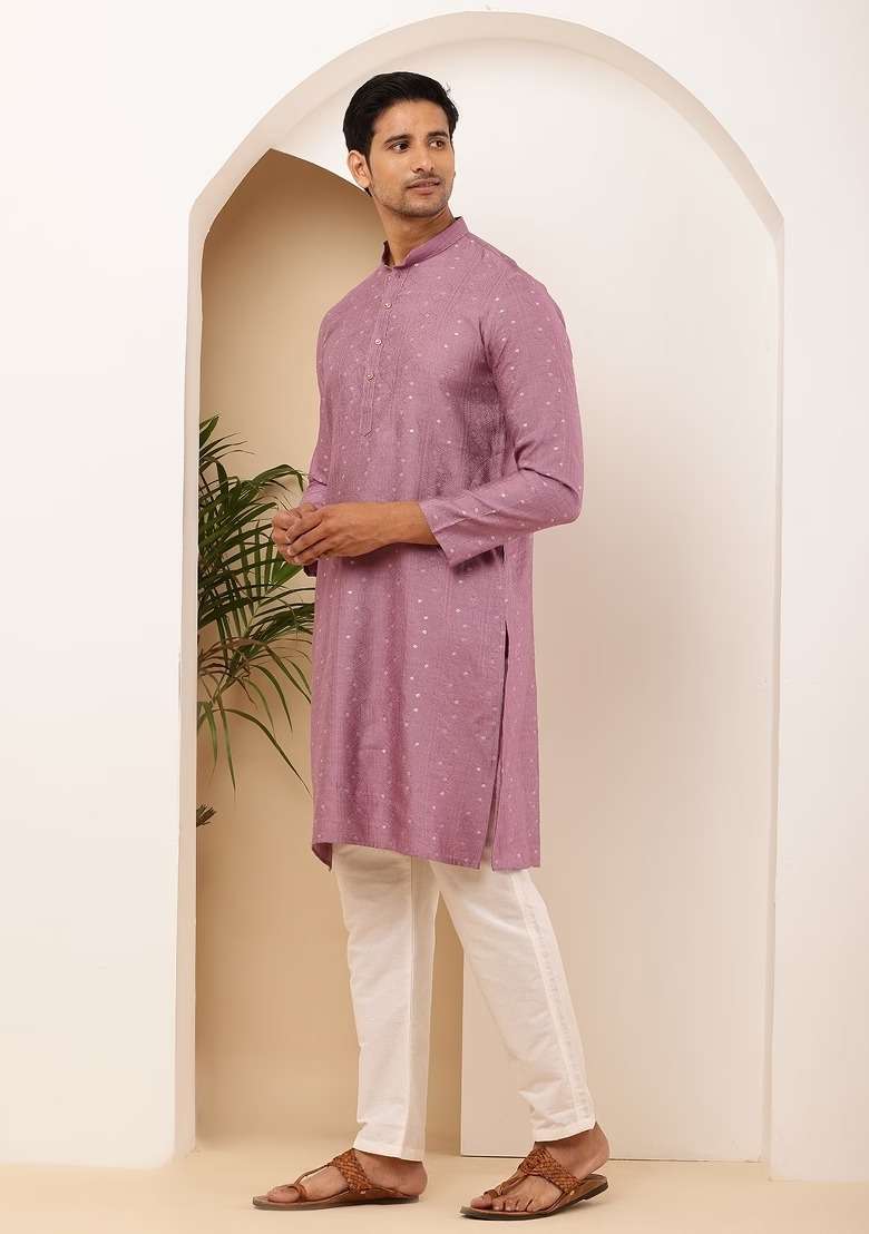 Magenta Embroidered Viscose Kurta For Men - Indya
