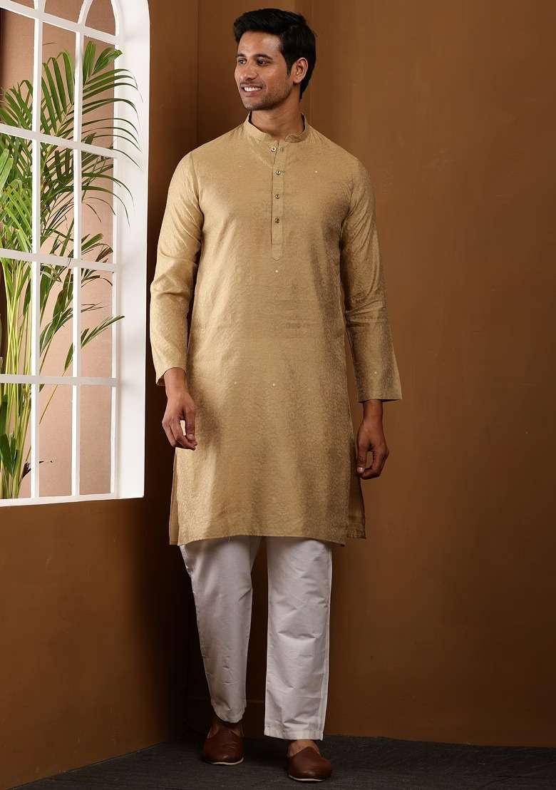 Golden Brown Embroidered Viscose Kurta For Men - Indya