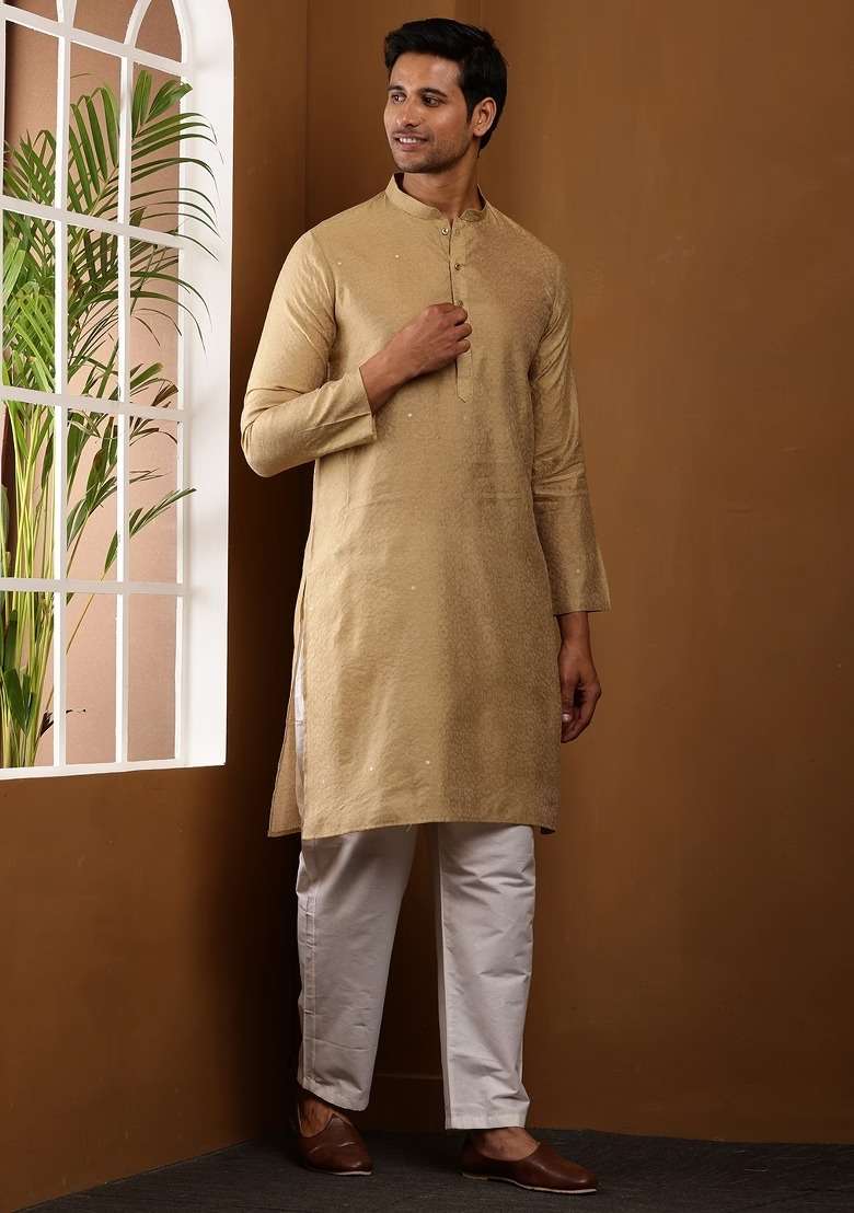 Golden Brown Embroidered Viscose Kurta For Men - Indya