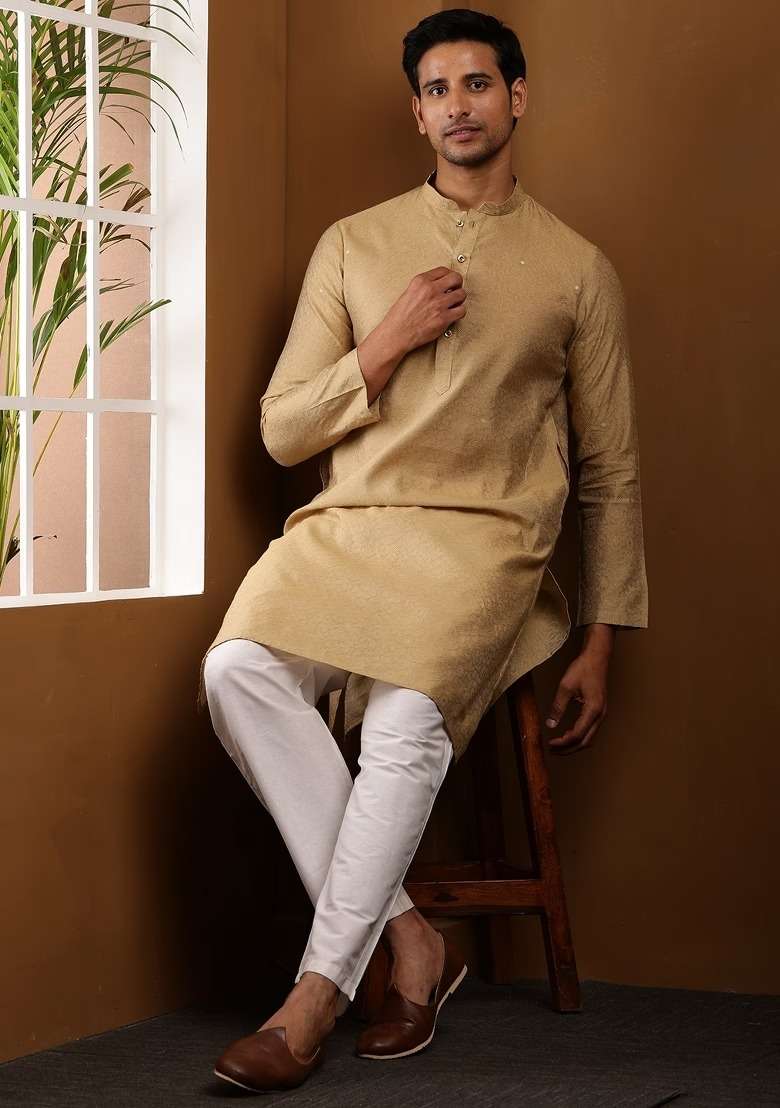 Golden Brown Embroidered Viscose Kurta For Men - Indya