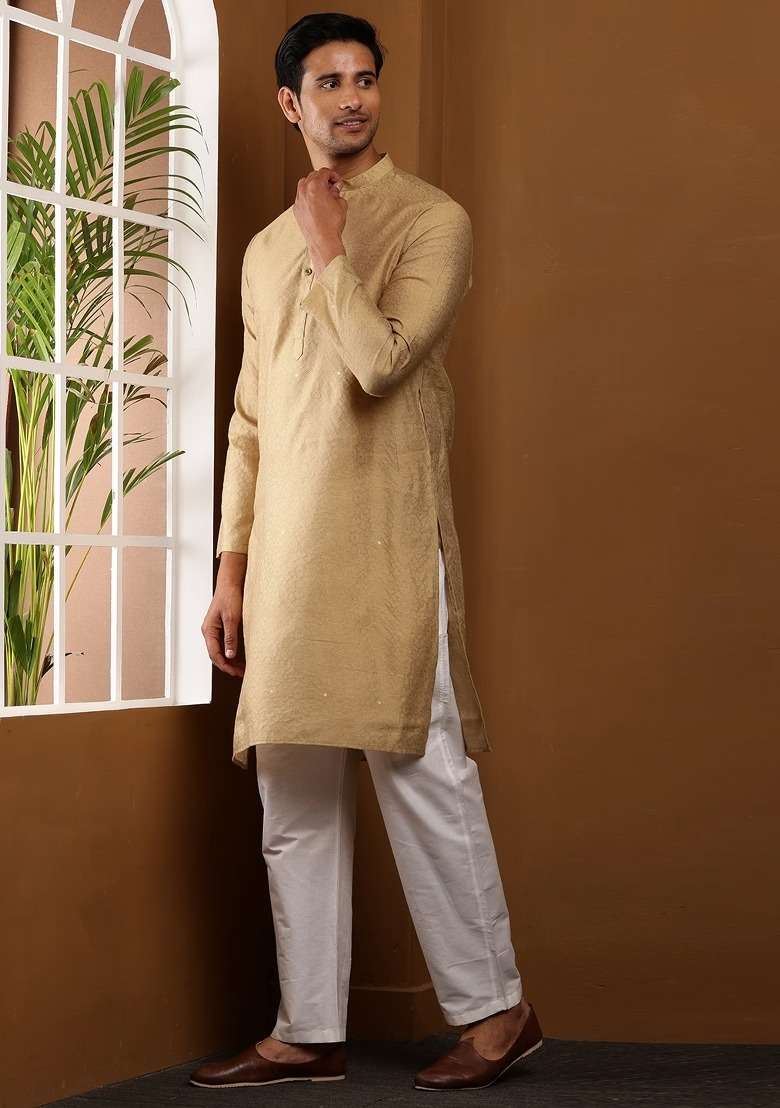 Golden Brown Embroidered Viscose Kurta For Men - Indya