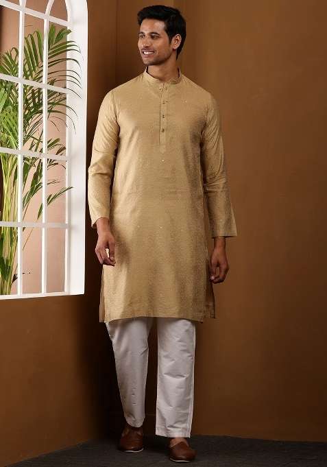 Golden Brown Embroidered Viscose Kurta For Men