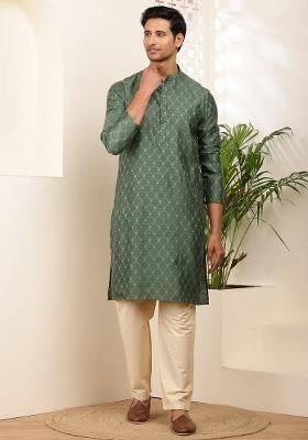 Dark Green Embroidered Cotton Kurta For Men