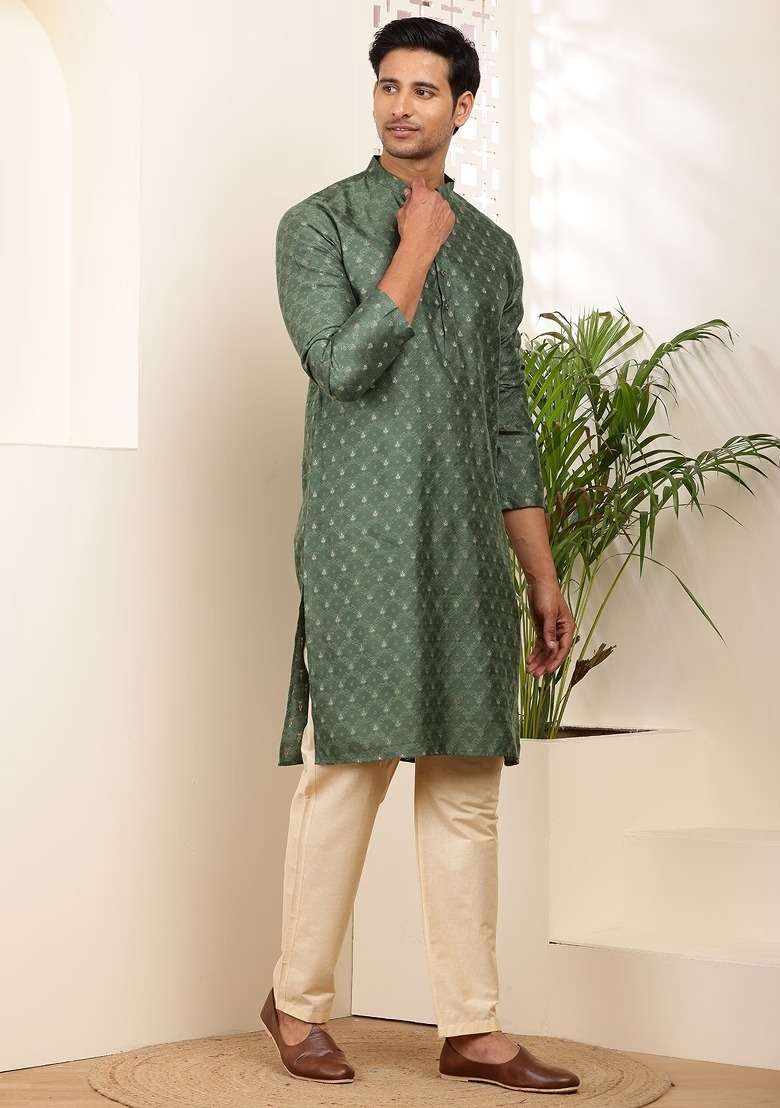 Dark Green Embroidered Cotton Kurta For Men - Indya