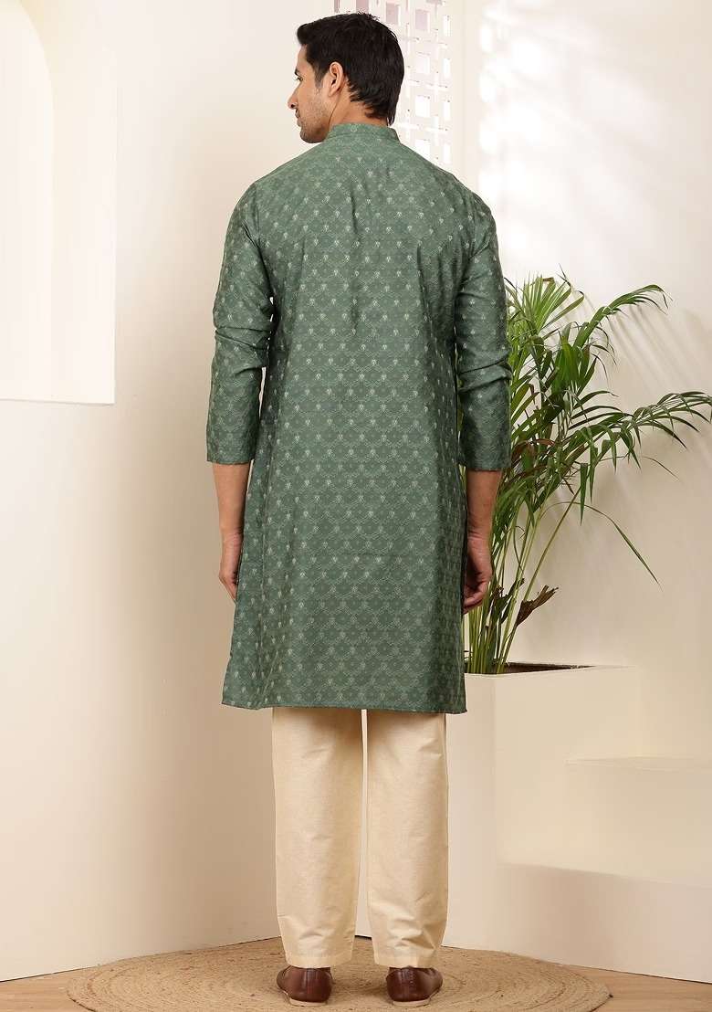 Dark Green Embroidered Cotton Kurta For Men - Indya